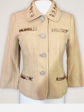 Vintage Bloomingdale's Beige Tweed Jacket with Sequin Trim